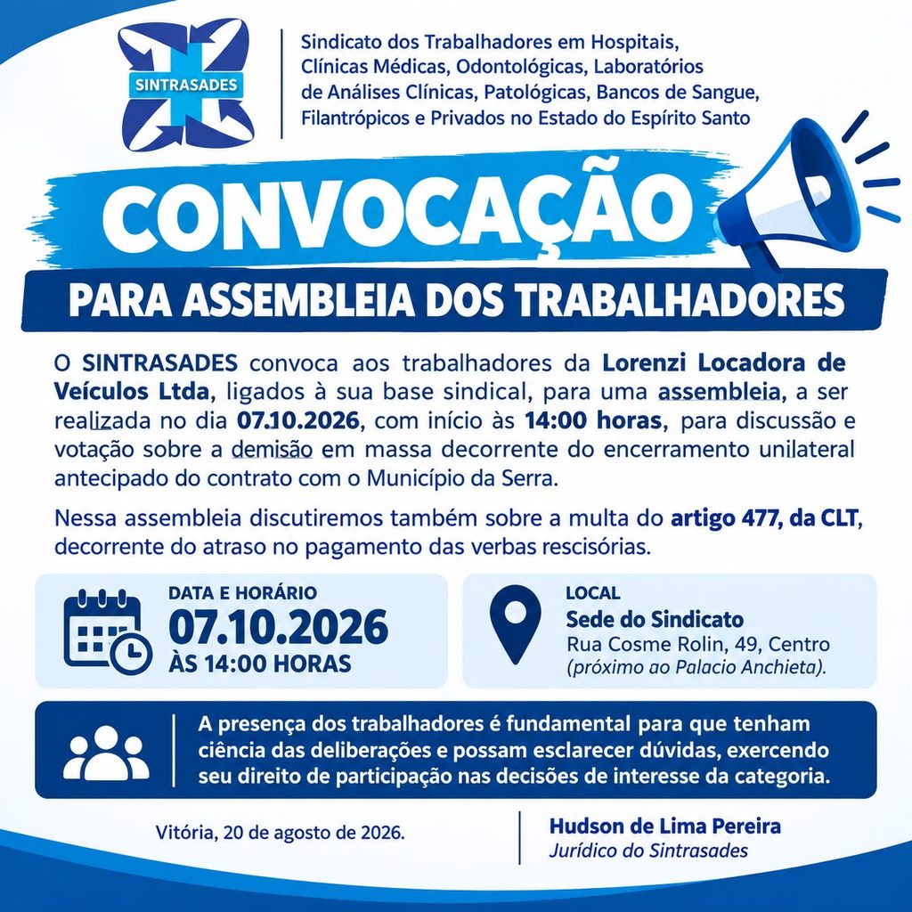 Aviso do SINTRASADES sobre Convocação para Assembleia